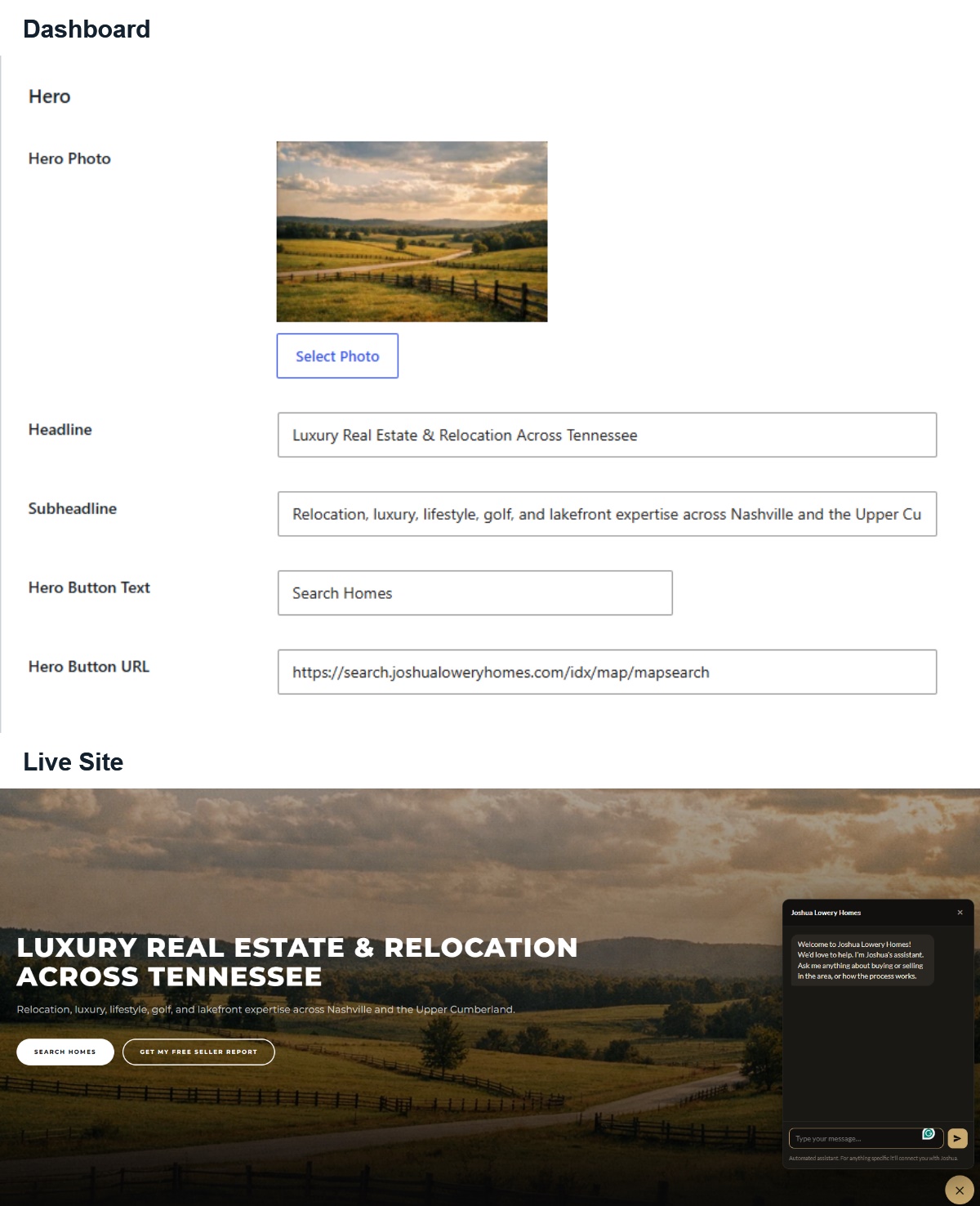 Broker Built: the hero settings in the WordPress dashboard, and the live homepage they produce, with the AI chatbot open.